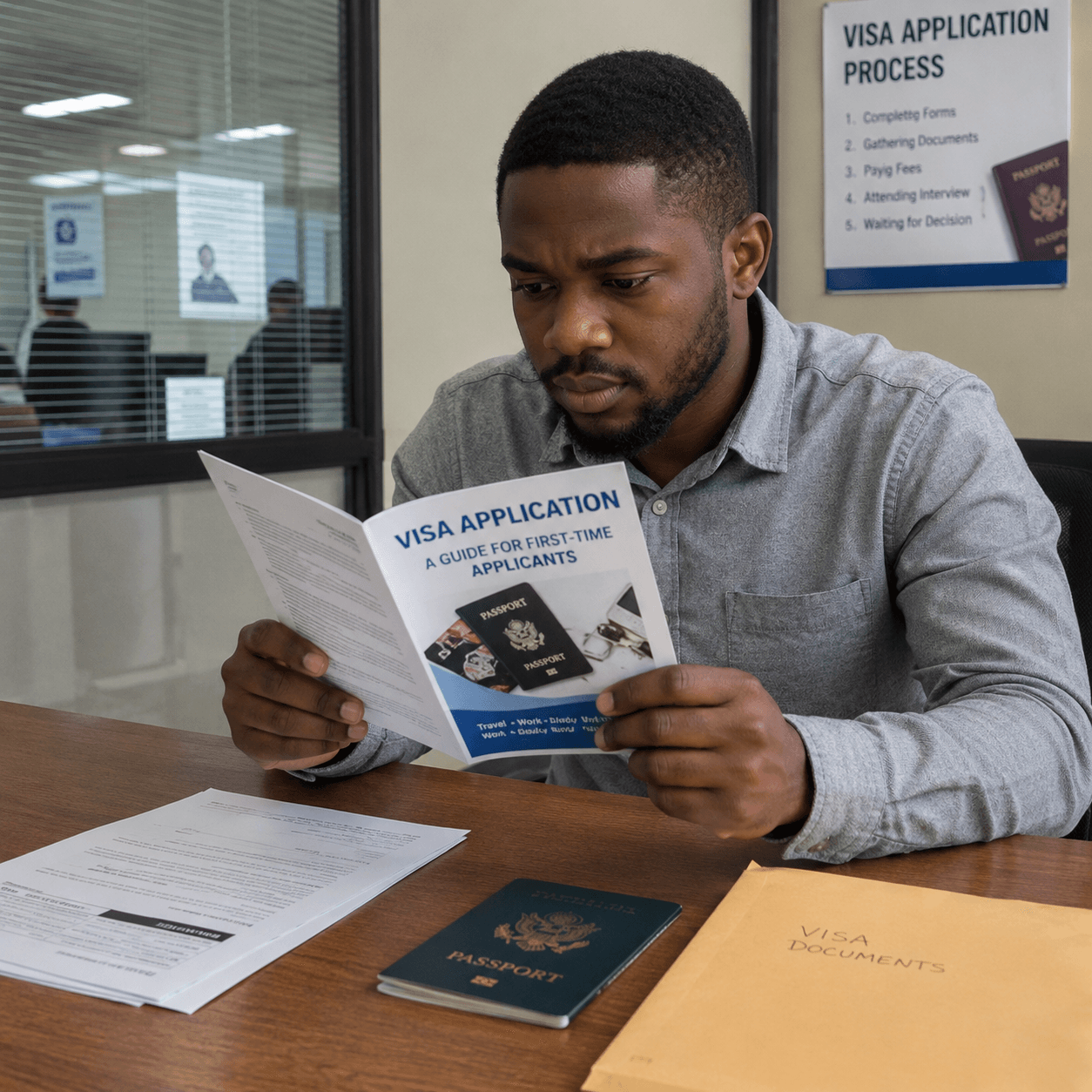 A man sitting at a desk reading a printed guide for first-time visa applicants, with a passport and a document envelope in front of him.