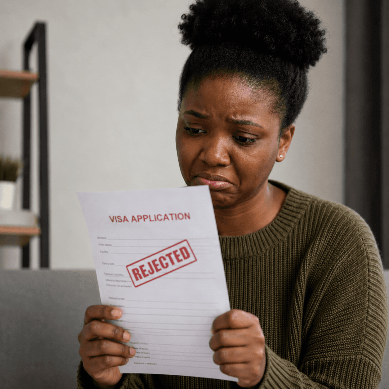A woman looking distressed as she reads a visa application form stamped REJECTED in red.